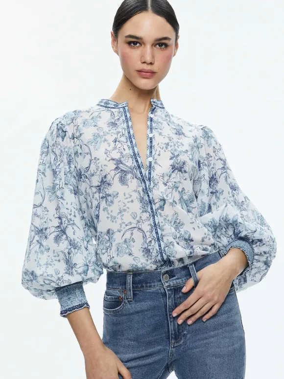 April Pleated Blouson Sleeve Top | Alice and Olivia Sale
