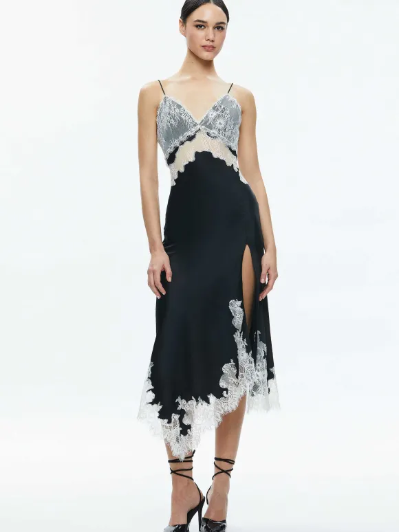 Daphne Lace Asymmetrical Slit Midi Dress | Alice and Olivia New