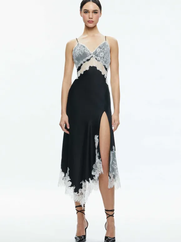 Daphne Lace Asymmetrical Slit Midi Dress | Alice and Olivia New
