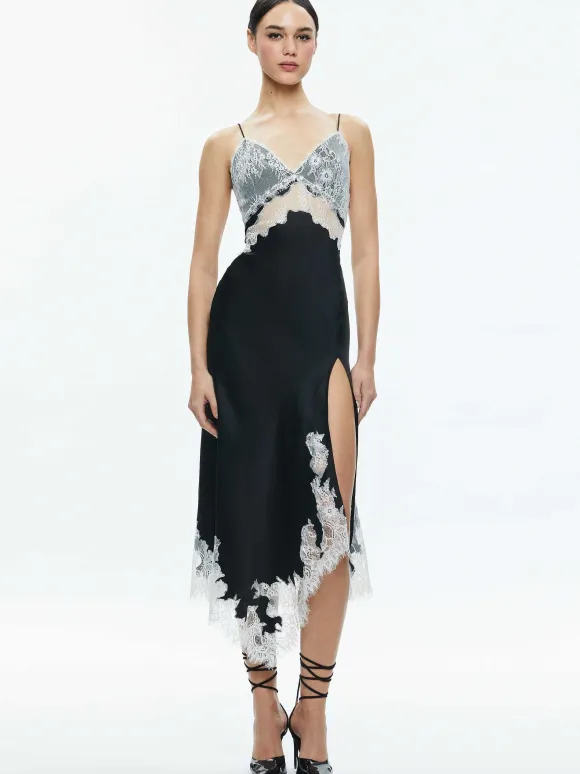 Daphne Lace Asymmetrical Slit Midi Dress | Alice and Olivia New