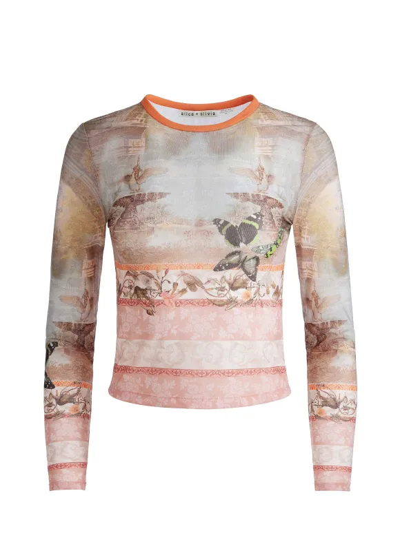 Delaina Printed Mesh Long Sleeve Crop Top | Alice and Olivia Outlet