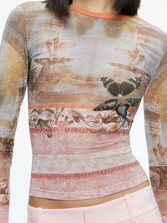 Delaina Printed Mesh Long Sleeve Crop Top | Alice and Olivia Outlet