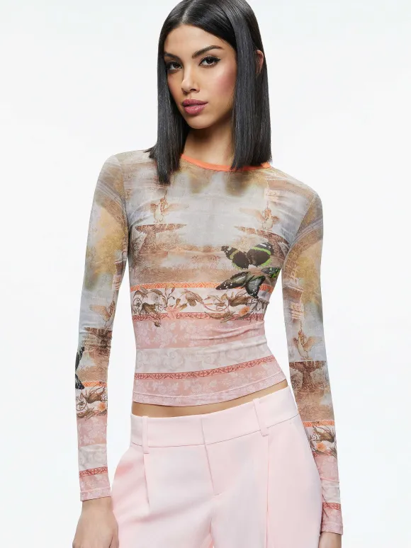 Delaina Printed Mesh Long Sleeve Crop Top | Alice and Olivia Outlet