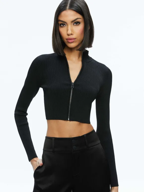 Dorris Ribbed Zip Up Cardigan | Alice and Olivia Outlet