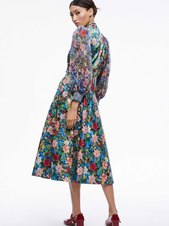 Earla Vegan Leather Flare Skirt + Ilan Smocked Sleeve Button Front Blouse | Alice and Olivia Store
