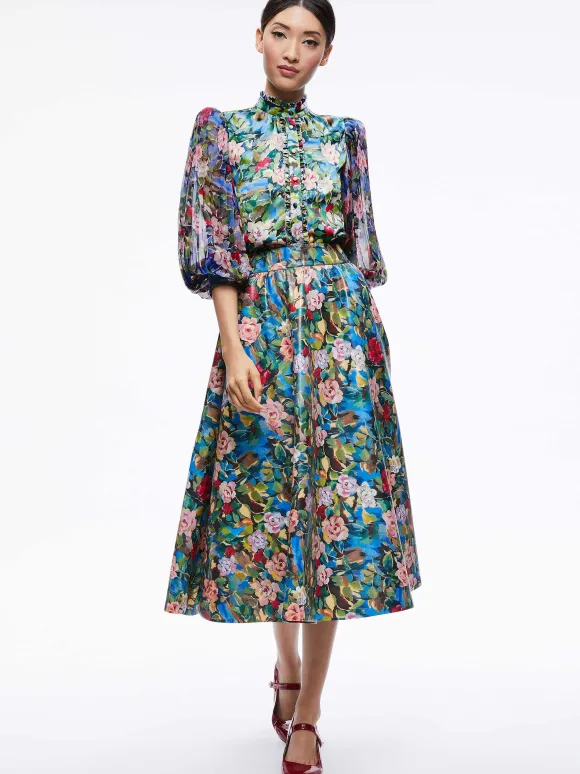 Earla Vegan Leather Flare Skirt + Ilan Smocked Sleeve Button Front Blouse | Alice and Olivia Store