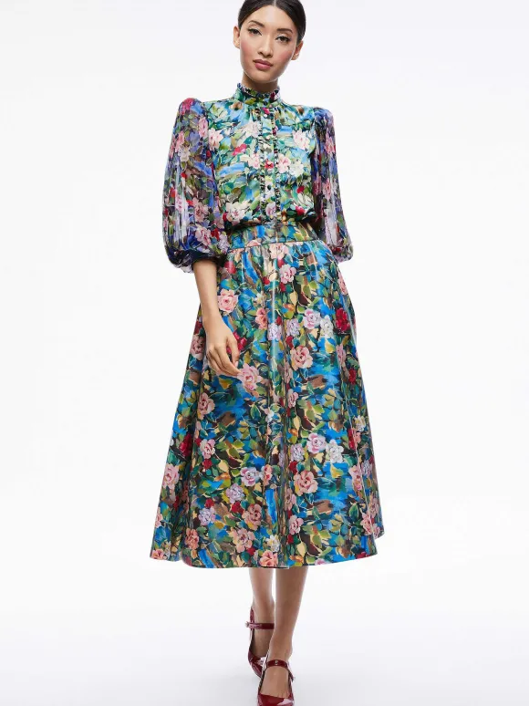 Earla Vegan Leather Flare Skirt + Ilan Smocked Sleeve Button Front Blouse | Alice and Olivia Store