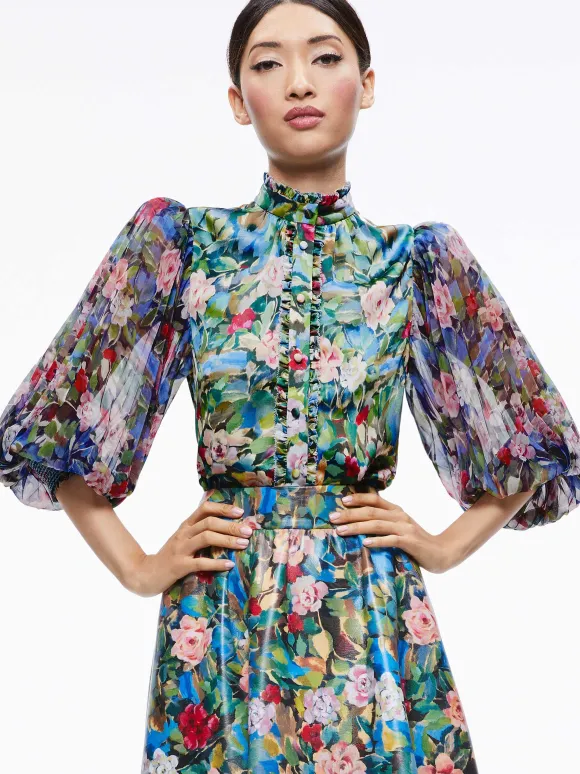 Earla Vegan Leather Flare Skirt + Ilan Smocked Sleeve Button Front Blouse | Alice and Olivia Store