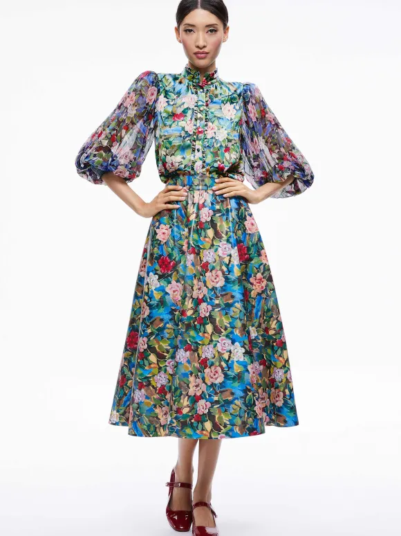 Earla Vegan Leather Flare Skirt + Ilan Smocked Sleeve Button Front Blouse | Alice and Olivia Store