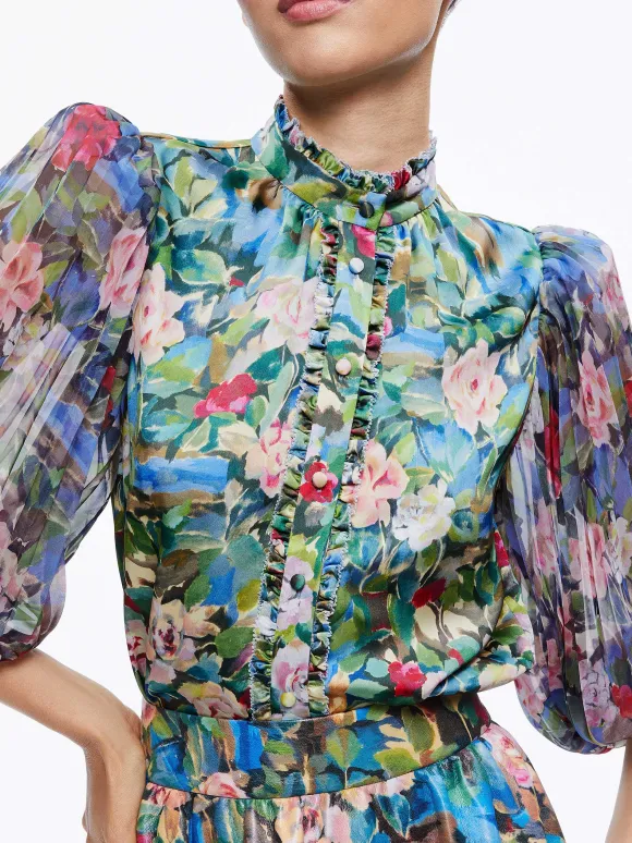 Earla Vegan Leather Flare Skirt + Ilan Smocked Sleeve Button Front Blouse | Alice and Olivia Store