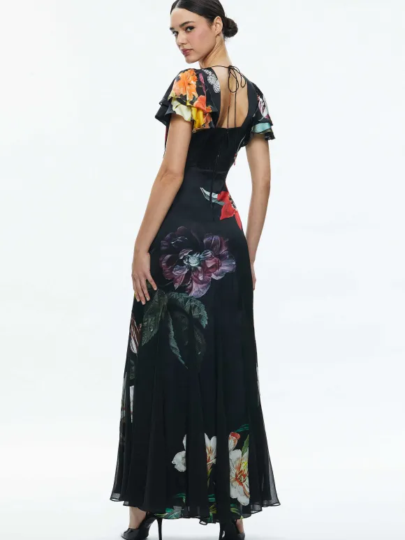 Fara Deep V-Neck Flutter Sleeve Maxi Dress | Alice and Olivia Outlet