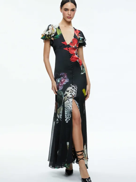 Fara Deep V-Neck Flutter Sleeve Maxi Dress | Alice and Olivia Outlet