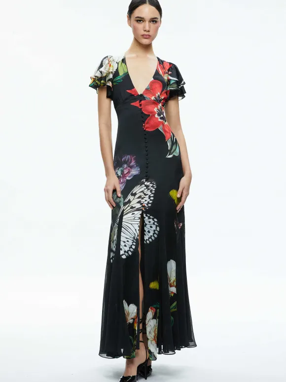 Fara Deep V-Neck Flutter Sleeve Maxi Dress | Alice and Olivia Outlet