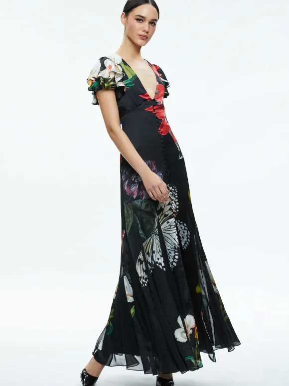 Fara Deep V-Neck Flutter Sleeve Maxi Dress | Alice and Olivia Outlet