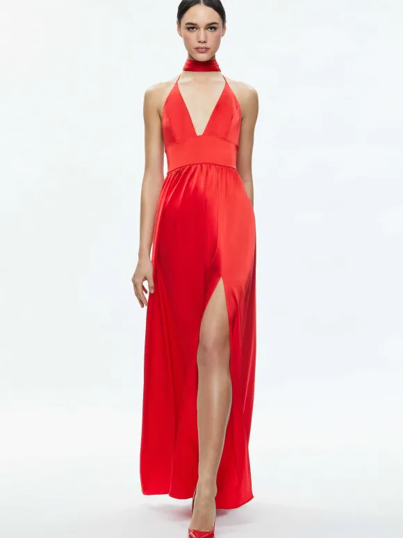 Hannah Deep V-Neck Scarf Maxi Dress | Alice and Olivia Clearance
