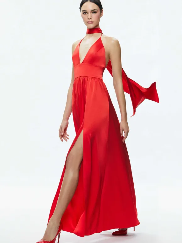 Hannah Deep V-Neck Scarf Maxi Dress | Alice and Olivia Clearance