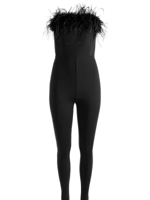 Idell Off Shoulder Feather Trim Jumpsuit | Alice and Olivia Hot