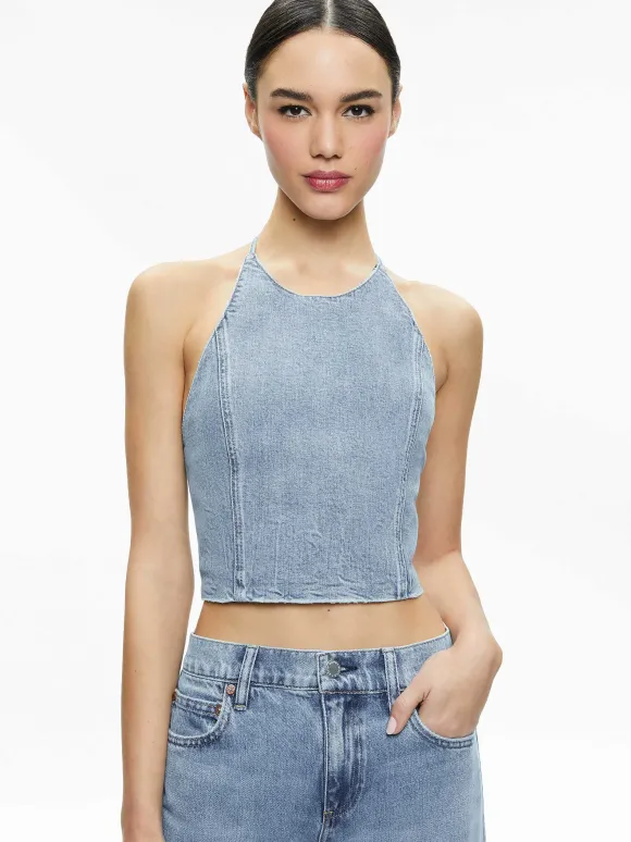 Jaymee Tie Neck Cropped Halter Top | Alice and Olivia Cheap