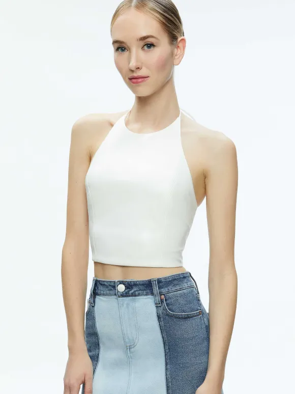 Jaymee Vegan Leather Cropped Halter Top | Alice and Olivia Flash Sale