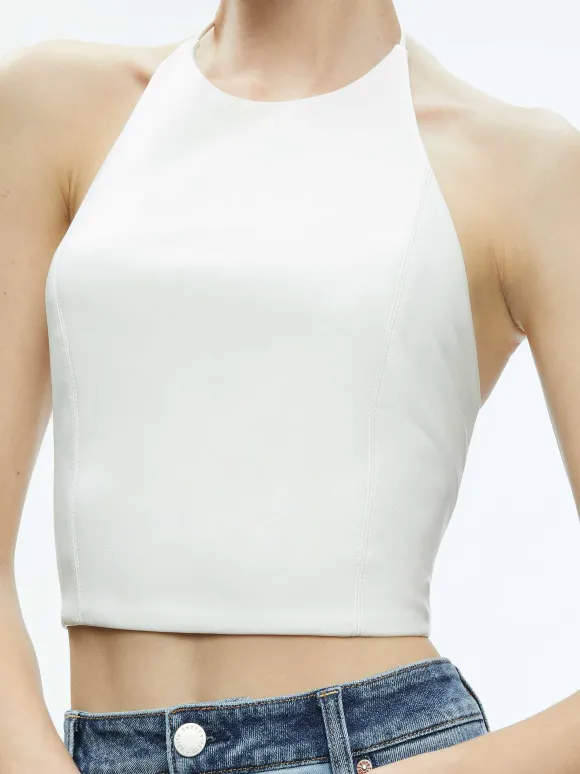 Jaymee Vegan Leather Cropped Halter Top | Alice and Olivia Flash Sale