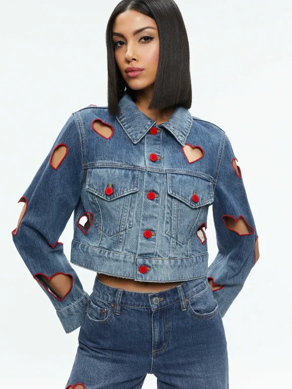Jeff Heart Embroidered Cropped Denim Jacket | Alice and Olivia Shop