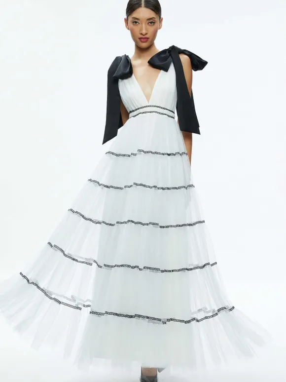 Jessalyn Bow Strap Tiered Maxi Gown | Alice and Olivia Online