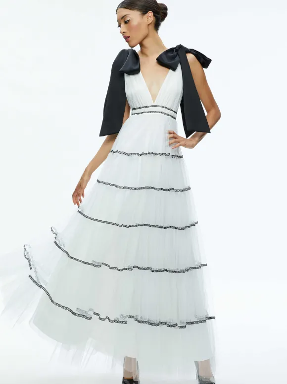 Jessalyn Bow Strap Tiered Maxi Gown | Alice and Olivia Online