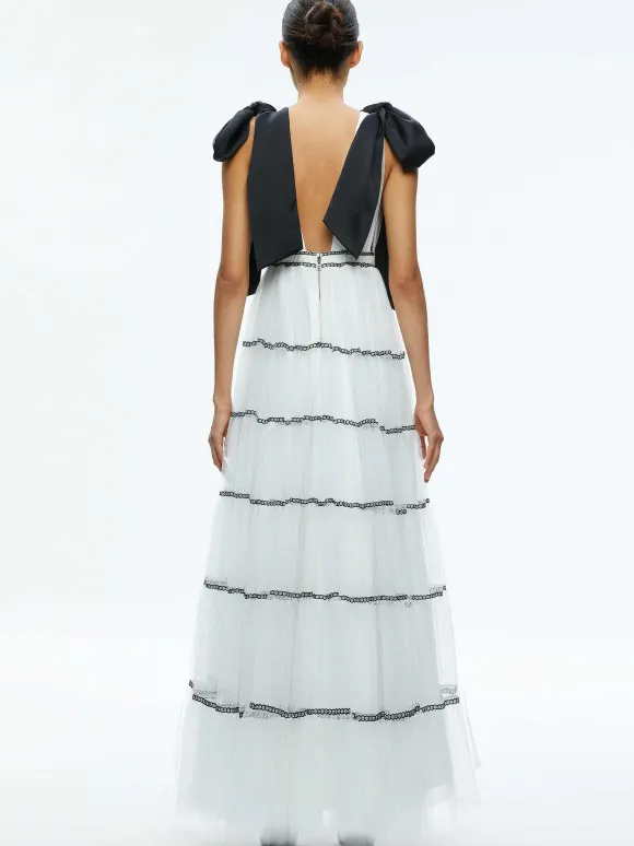 Jessalyn Bow Strap Tiered Maxi Gown | Alice and Olivia Online