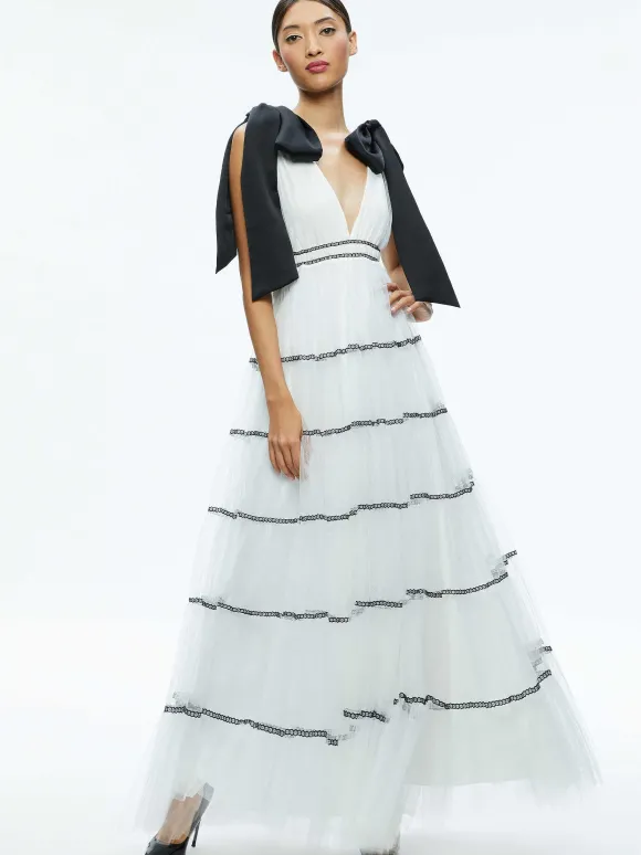 Jessalyn Bow Strap Tiered Maxi Gown | Alice and Olivia Online