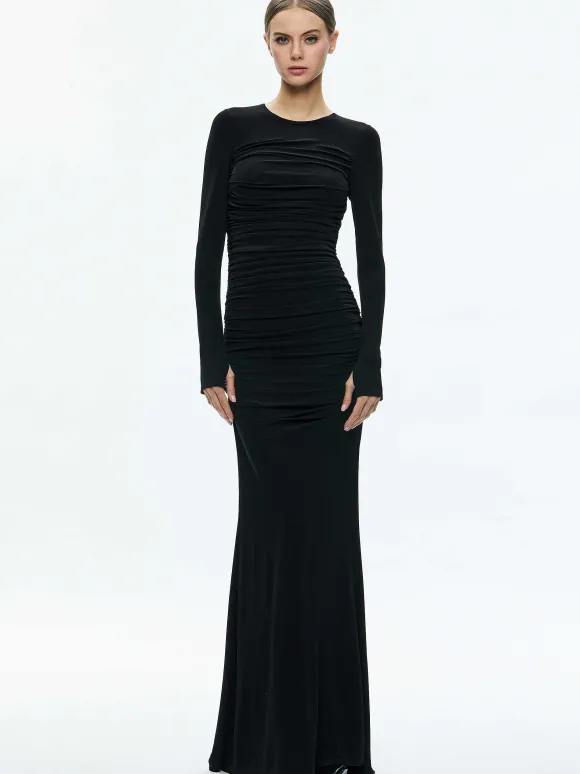 Katherina Crew Neck Long Sleeve Ruched Maxi Dress | Alice and Olivia Flash Sale