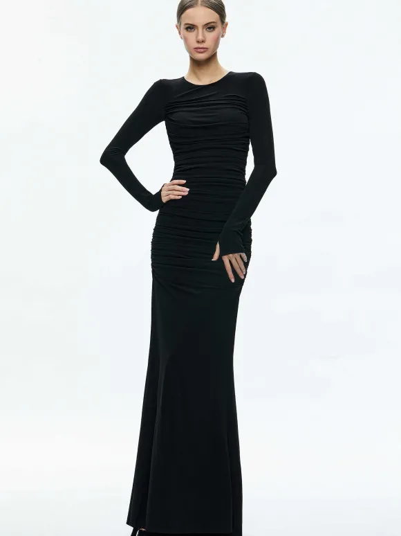 Katherina Crew Neck Long Sleeve Ruched Maxi Dress | Alice and Olivia Flash Sale
