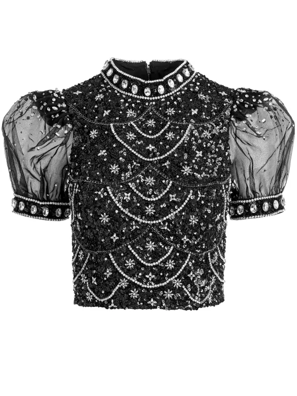 Kristina Embellished Puff Sleeve Crop Top | Alice and Olivia Store