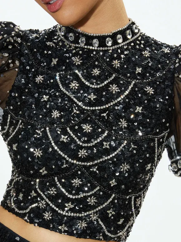 Kristina Embellished Puff Sleeve Crop Top | Alice and Olivia Store