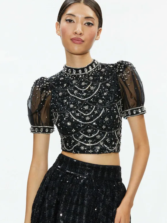 Kristina Embellished Puff Sleeve Crop Top | Alice and Olivia Store