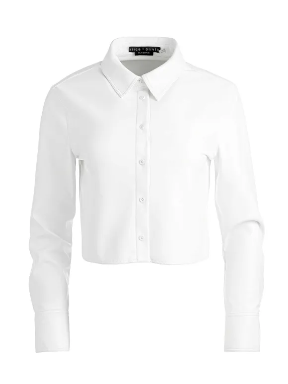 Leon Cropped Vegan Leather Button Down | Alice and Olivia Flash Sale