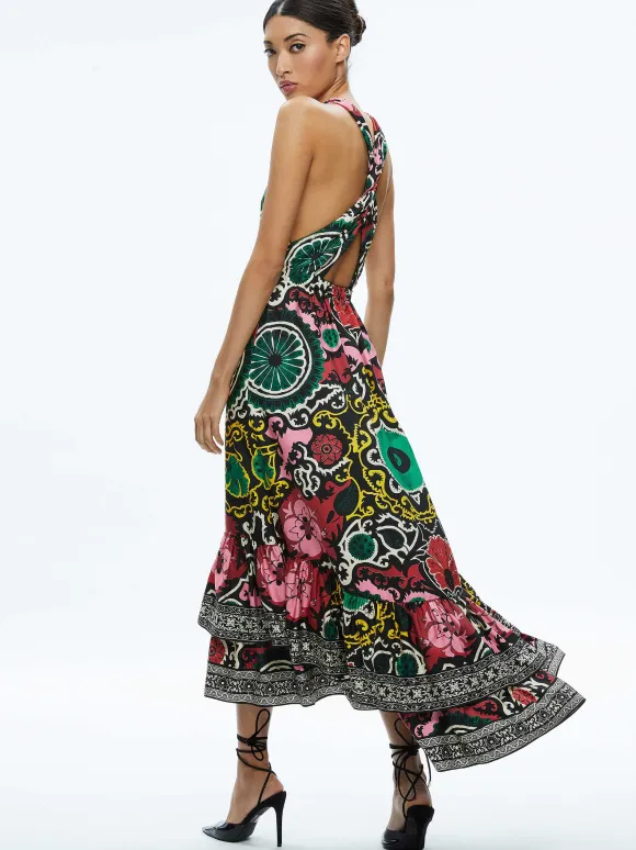 Loyce Twist Back Ruffle Maxi Dress | Alice and Olivia Outlet