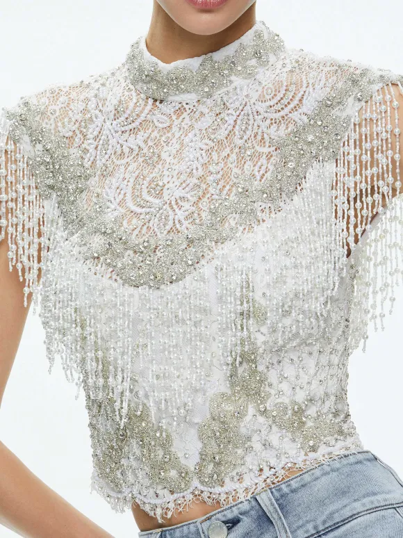 Pria Embellished Mock Neck Fringe Top | Alice and Olivia Fashion