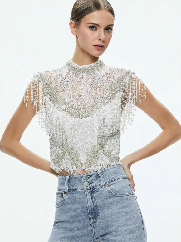 Pria Embellished Mock Neck Fringe Top | Alice and Olivia Fashion
