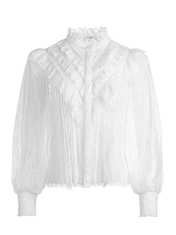 Rheba Mock Neck Button Front Lace Top | Alice and Olivia Clearance