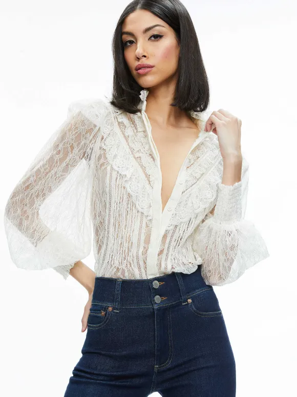 Rheba Mock Neck Button Front Lace Top | Alice and Olivia Clearance