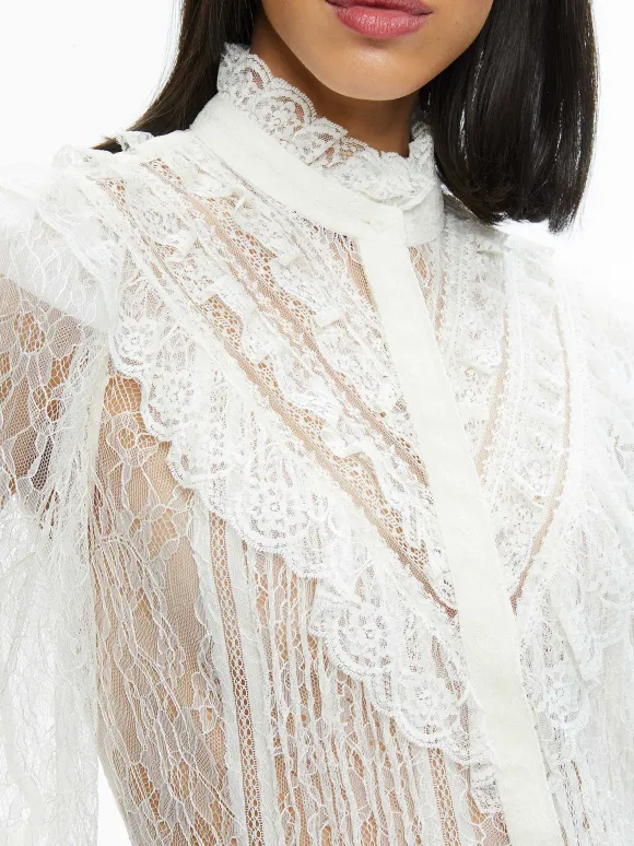 Rheba Mock Neck Button Front Lace Top | Alice and Olivia Clearance