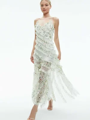 Sondra Tie Strap Lace Ruffled Maxi Dress | Alice and Olivia Hot