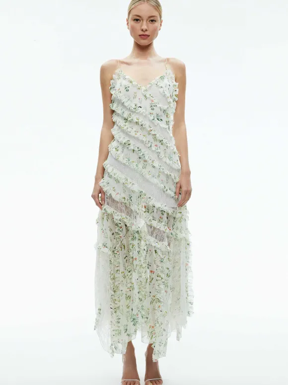 Sondra Tie Strap Lace Ruffled Maxi Dress | Alice and Olivia Hot