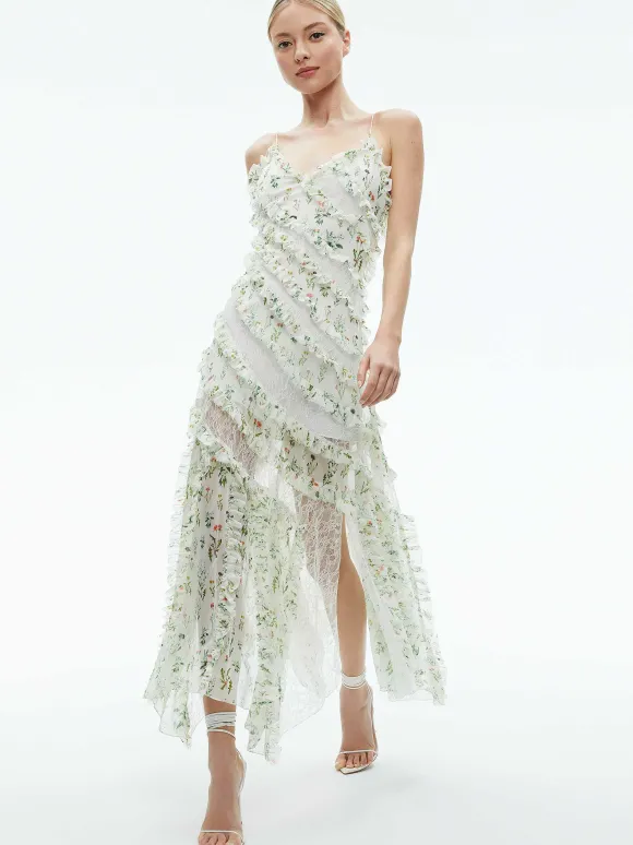 Sondra Tie Strap Lace Ruffled Maxi Dress | Alice and Olivia Hot