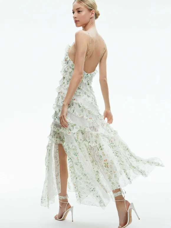Sondra Tie Strap Lace Ruffled Maxi Dress | Alice and Olivia Hot