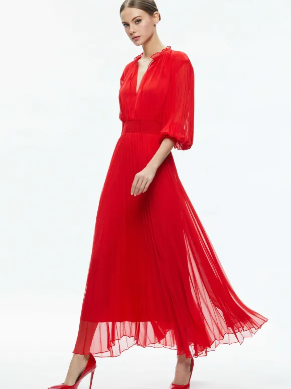 Vernia Blouson Sleeve Pleated Maxi Dress | Alice and Olivia Online