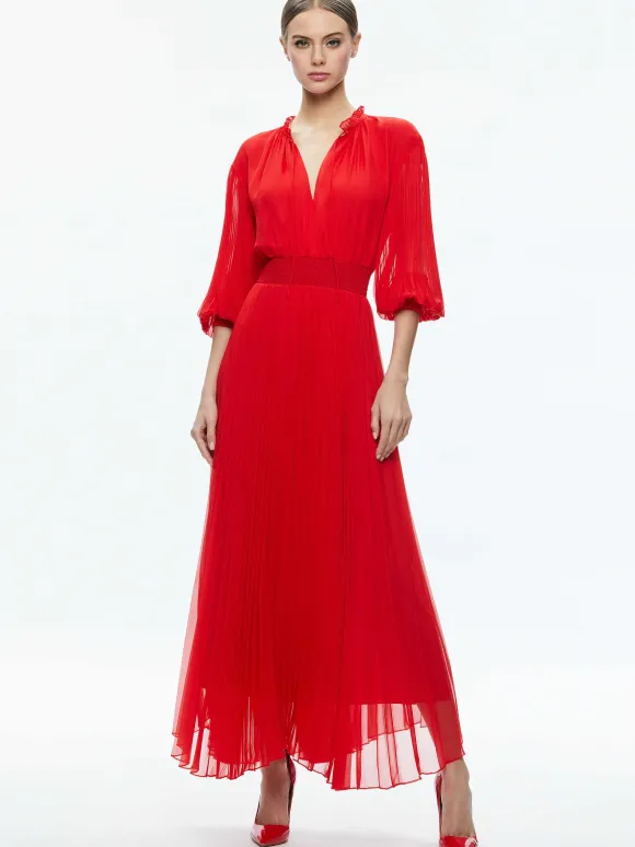 Vernia Blouson Sleeve Pleated Maxi Dress | Alice and Olivia Online
