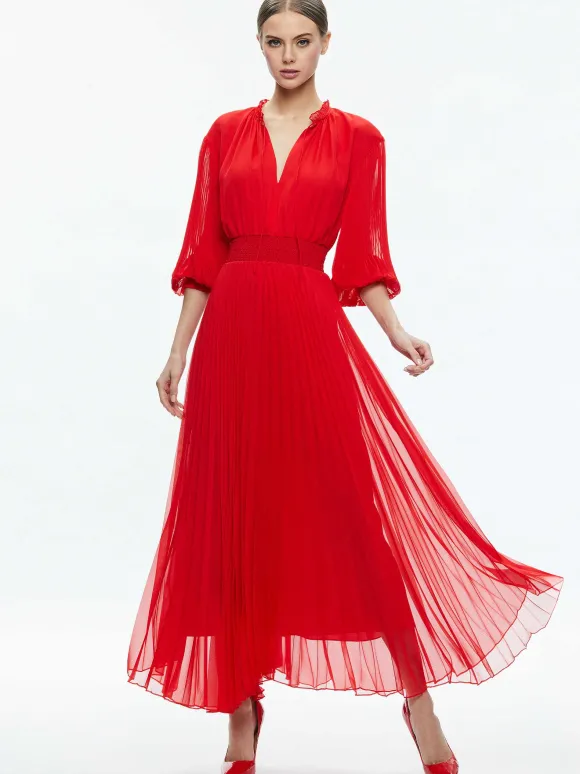 Vernia Blouson Sleeve Pleated Maxi Dress | Alice and Olivia Online