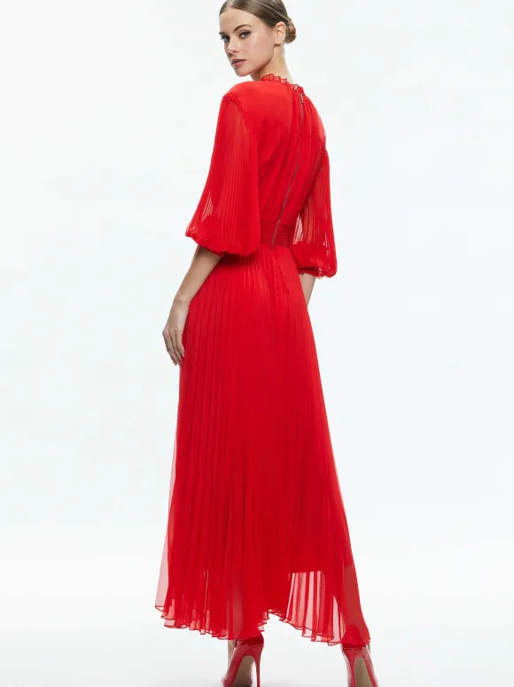 Vernia Blouson Sleeve Pleated Maxi Dress | Alice and Olivia Online