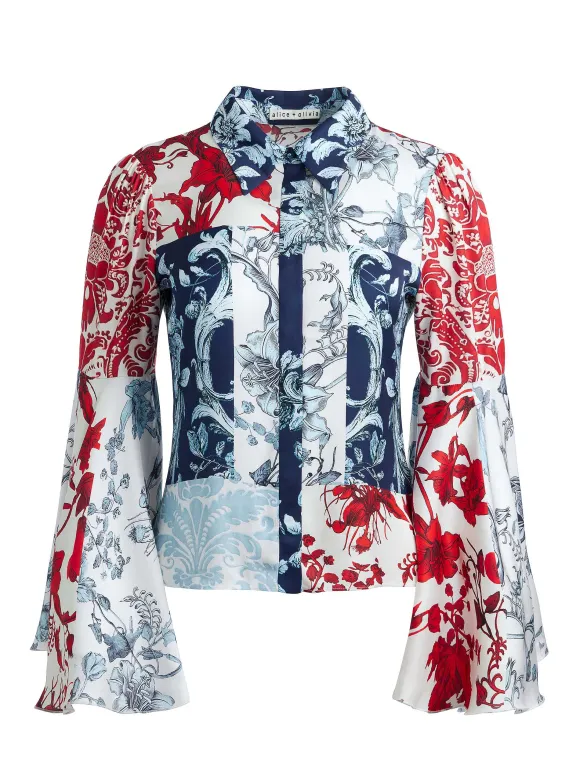 Willa Fitted Placket Bell Sleeve Top | Alice and Olivia Discount